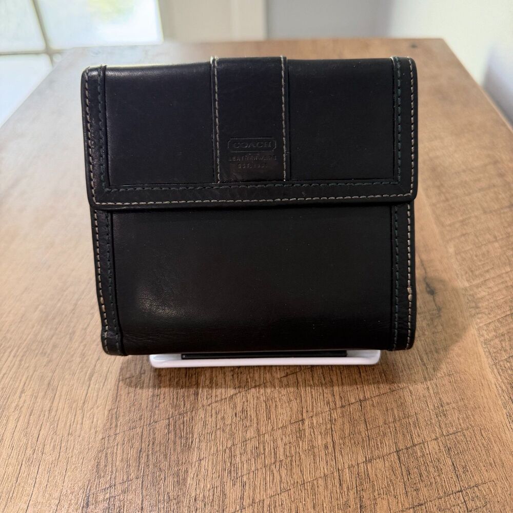 Vintage Coach Leather Billfold Wallet Italy Black 90s Credit Cards Coin Snap